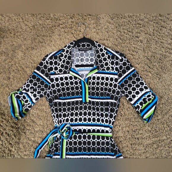 "Mlle Gabrielle" Dress, Stylish Black, Blue, Green And White Patterned Dress - Picture 2 of 16